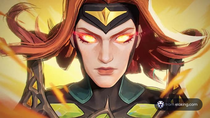 A powerful fantasy character with fiery eyes.