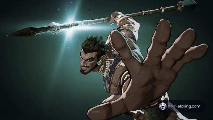 A powerful warrior in action wielding a spear