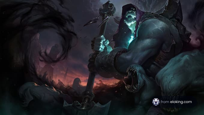 A powerful warrior in a dark stormy setting.