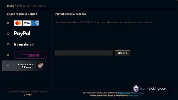 Prepaid cards and codes purchase options