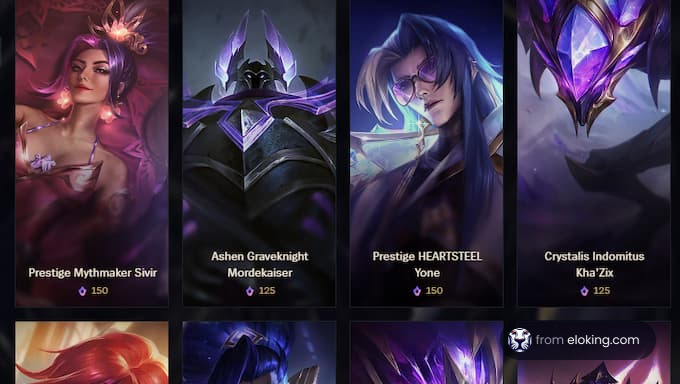Prestige skin collection from League of Legends featuring Mythmaker Sivir, Ashen Gravenkight Mordekaiser, Prestige HEARTSTEEL Yone, and Crystals Indomitus Kha'Zix.