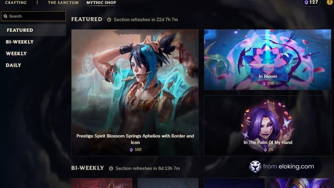 Prestige Spirit Blossom Springs Aphelios with border and icon in the mythical shop.
