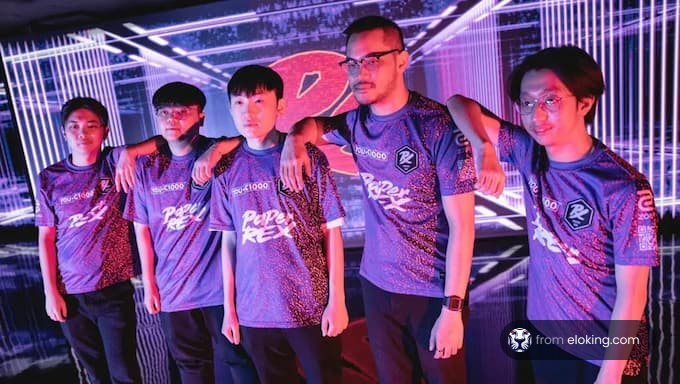 A professional gaming team called PaperrRex posing for a picture.