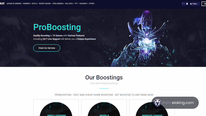 Screenshot of ProBoosting gaming website showcasing game boosting services