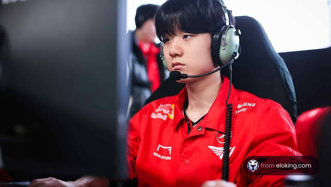 A focused professional gamer participating in an esports tournament.