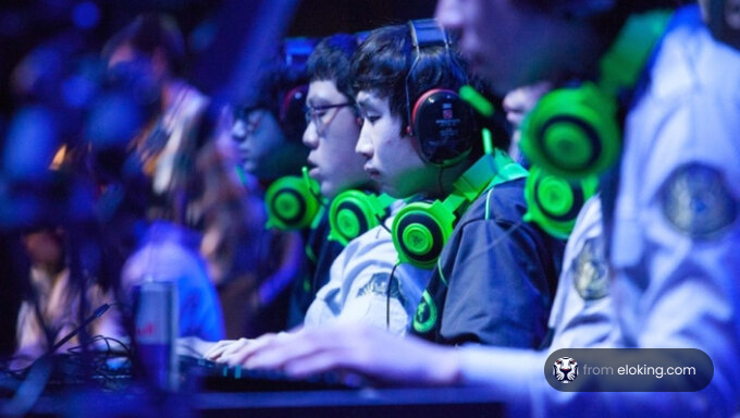 Professional gamers intensely focusing on a competitive event with illuminated headphones