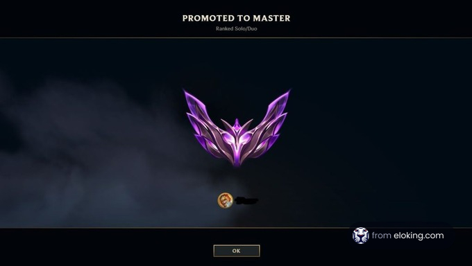 Promotion to Master rank in an online game, featuring a purple wing emblem and dark background