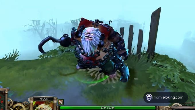 Pudge tēls no Dota 2 miglainā spēles vidē