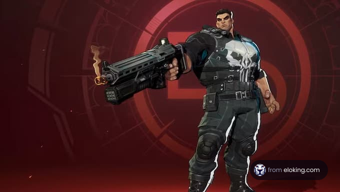 A character holding a large weapon in a stylized design.
