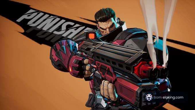 A character holding a futuristic gun with the word Punisher in the background.