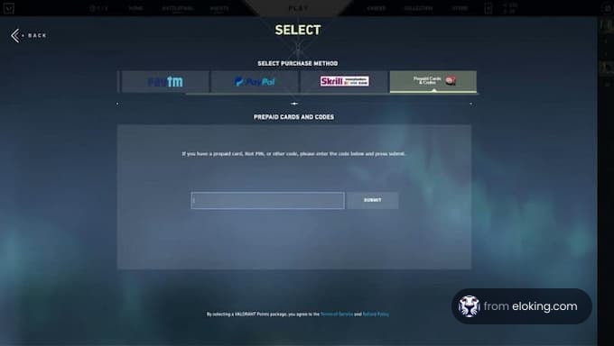 Select purchase method screen with payment options.