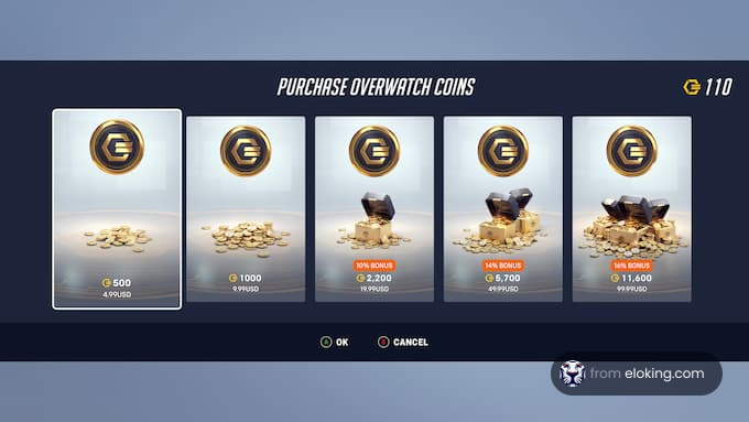 Screen showing purchase options for Overwatch coins with various bonus packages