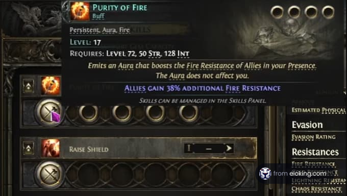 Purity of Fire buff skill description in a game