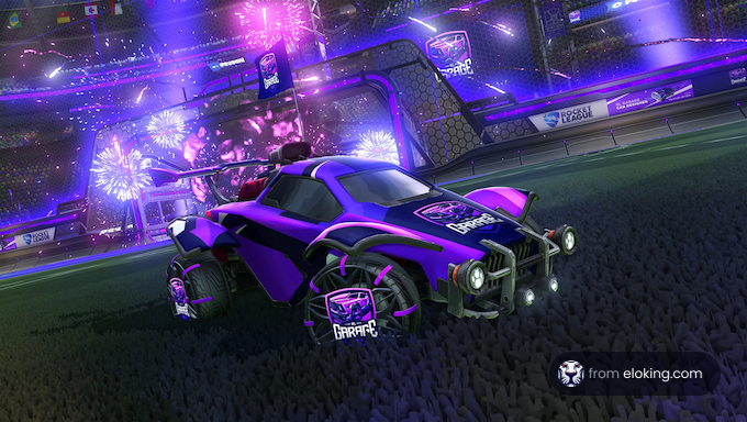 Purple sports car in a vibrant stadium with fireworks