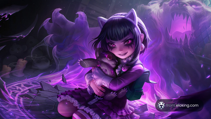 Fantasy artwork of a girl with cat ears and purple aura holding a teddy bear