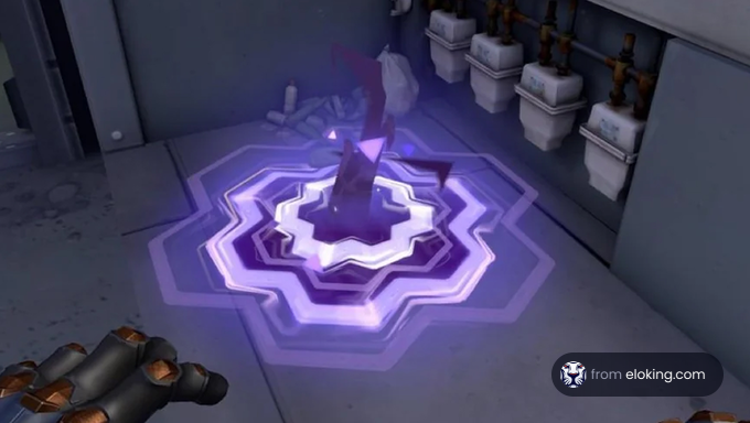Purple glowing crystal formation in a game environment