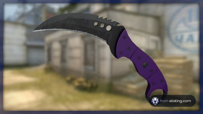 Purple karambit knife with a blurred game background