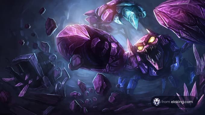 A fearsome purple monster bursting from rocks