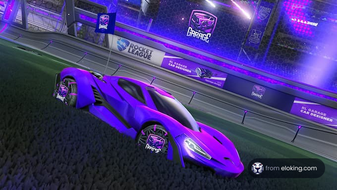 A purple sports car on the field in Rocket League game