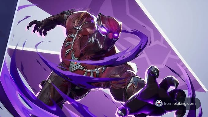 Dynamiczna purpurowa postać wojownika demonstrująca potężne umiejętności.