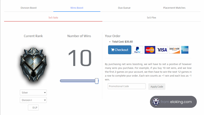 Screenshot of a competitive video game ranking boosting service interface showing options for current rank, number of wins, and payment info.