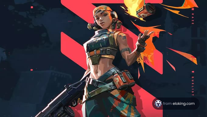 Raze, the duelist character from Valorant, showcasing her vibrant and dynamic pose.
