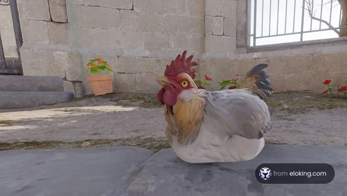 Realistic hen sculpture on a stone surface with a garden backdrop