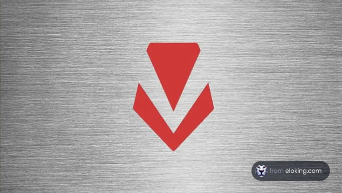 Stylized red arrow logo on a metal background