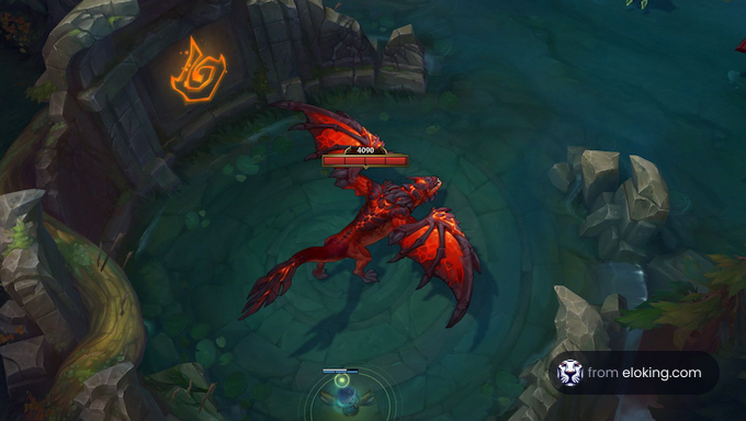 Red dragon hovering over water in a fantasy game environment