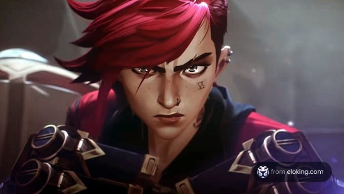 Intense red-haired anime character with a defiant expression