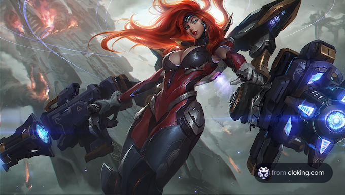 Red-haired female warrior in futuristic armor battling in a war-torn environment
