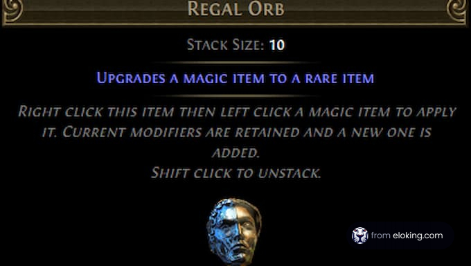 Upgrade a magic item to a rare item with a Regal Orb in Path of Exile.