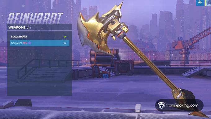 Golden weapon of Reinhardt from Overwatch on a futuristic city background