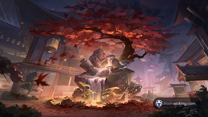 A serene autumn landscape featuring a fountain and colorful leaves.