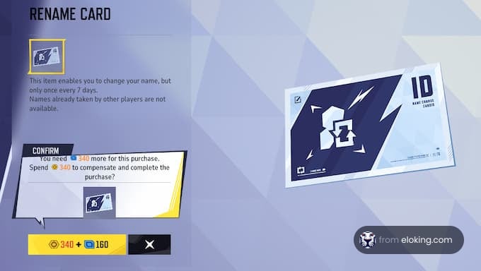 A rename card for changing in-game names, requiring 340 coins for purchase.