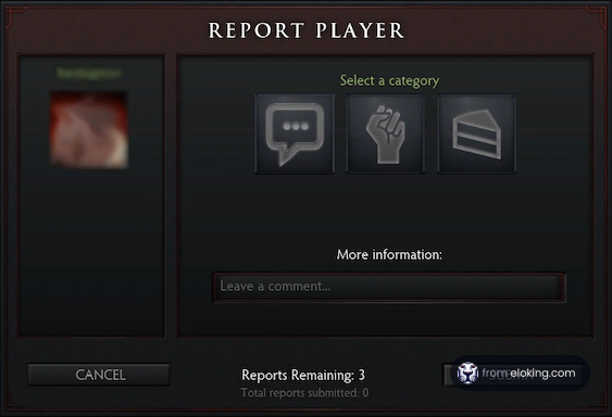 Screenshot of a 'Report Player' interface in a video game with options to select a category and leave comments