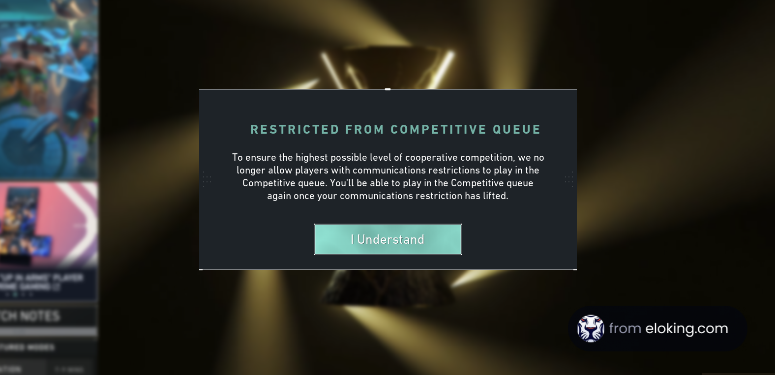 Notification screen stating restriction from competitive queue in a gaming platform