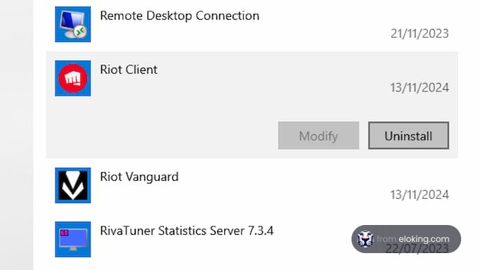 Screenshot of the Riot Client application with options to modify or uninstall.