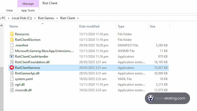 Riot Client Services application screenshot showing the contents of the file directory