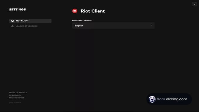 Riot Client settings screen with English language selected