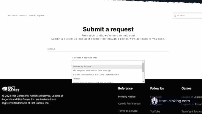 Riot Games support ticket submission page interface