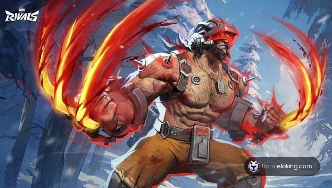 A muscular character in an action pose with fiery claws.