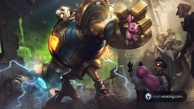 Gigantic robot in a dynamic battle scene with spectators and a pink bunny
