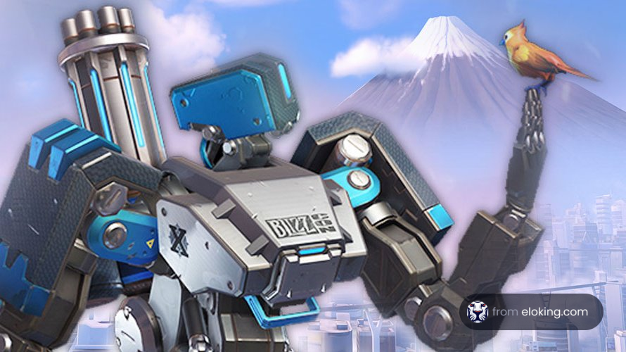 A robot with blue and gray details observing a colorful bird with Mount Fuji and a futuristic cityscape in the background
