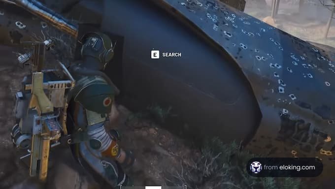 A robot searching for items in a desert environment.