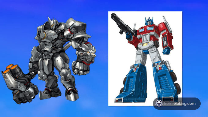 Two robotic action figures, one resembling a battle-ready warrior and another styled as a classic red and blue leader robot