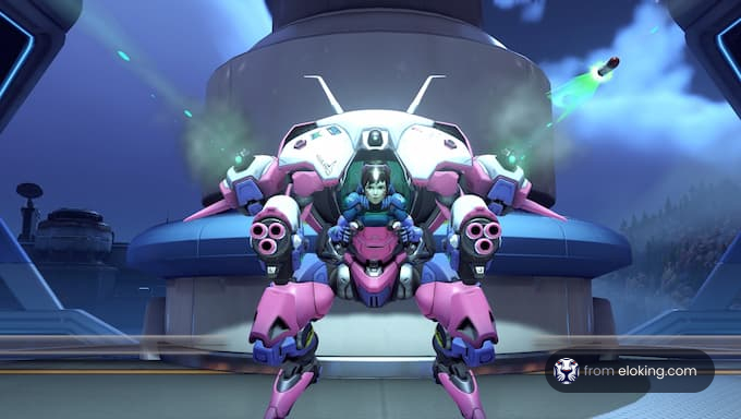 Animated character in pink robotic armor in a futuristic setting