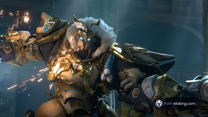 Robotic warrior in golden armor amidst sparks in a grand hall