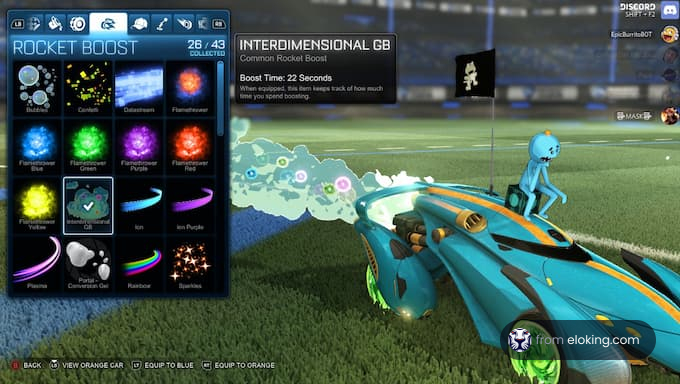 Car in a video game with rocket boost options displayed on the interface