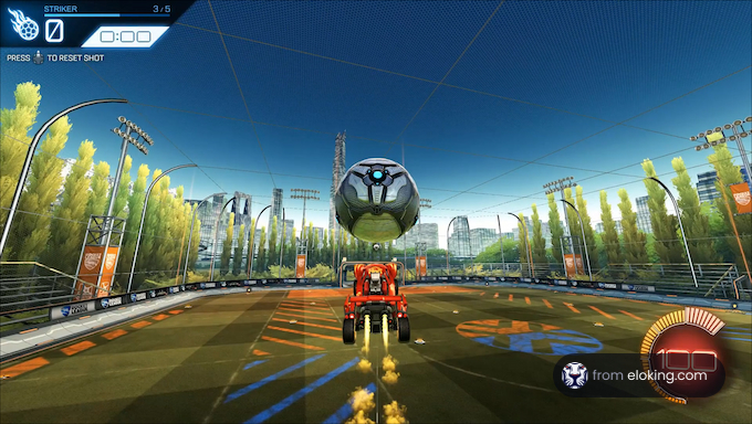 Red car playing soccer with oversized ball in Rocket League arena